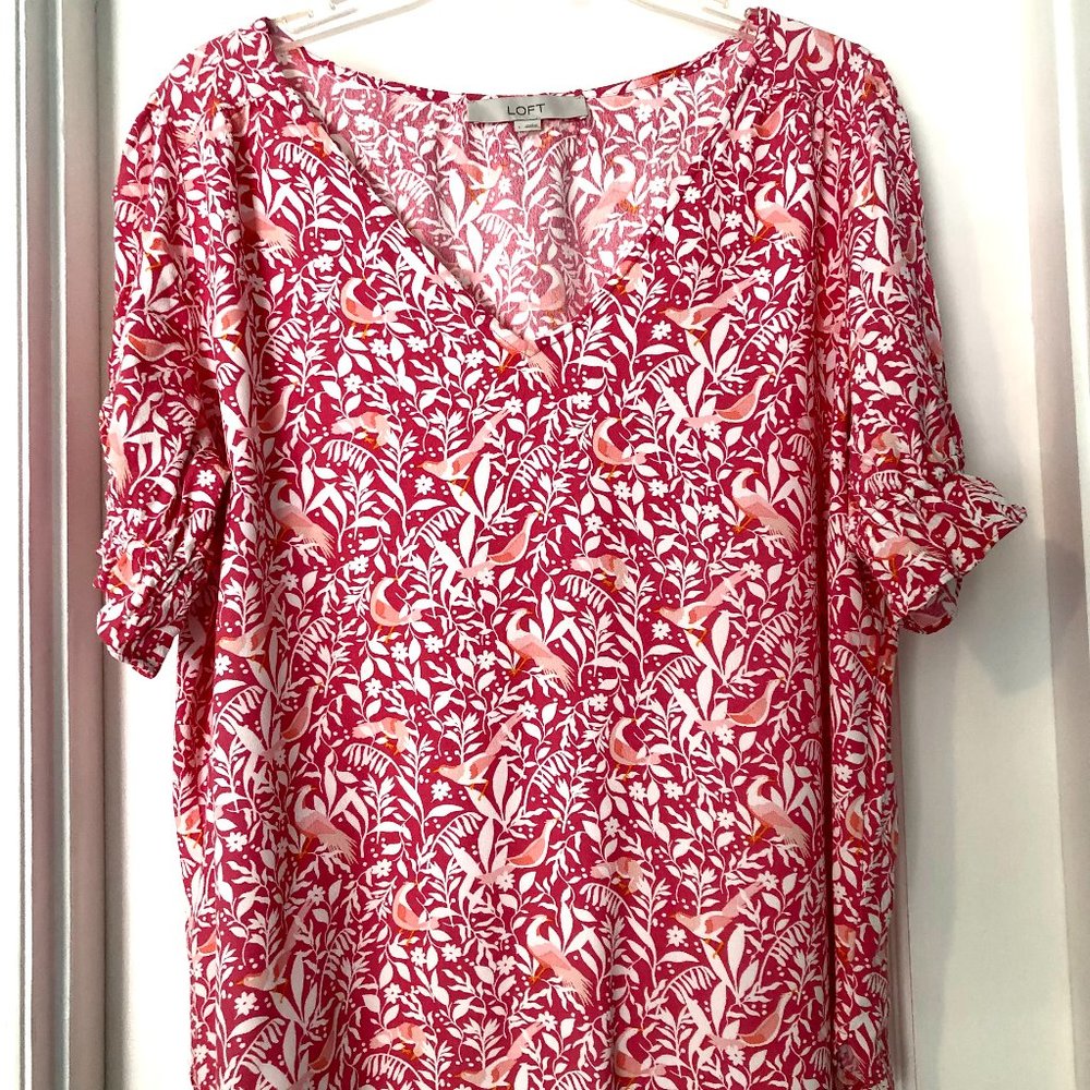 LOFT pink and white bird of paradise print v-neck blouse, Size L